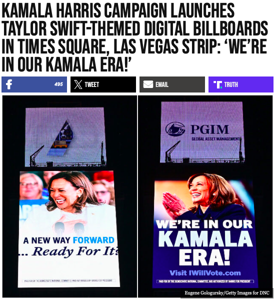 Taylor Swift Endorsing Kamala Harris Backfires as Poll Shows More Voters ‘Much More Likely’ to Vote Trump Over Harris